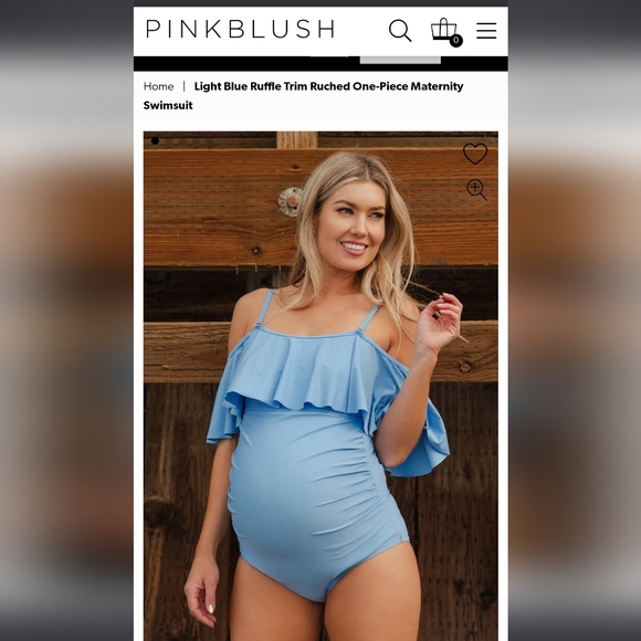Pinkblush ruffle trim, ruched, one-piece maternity swimsuit, XL. Light blue. - Picture 7 of 7